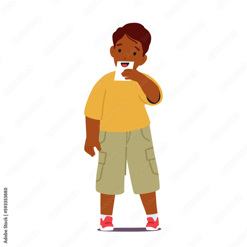 Little Boy Character Displays His Drawing Of The Mouth As Part Of A Project On The Human Five Sense Organs Concept Little Boy Character Displays His Drawing Of The Mouth As Part Of A Project On The Human Five Sense Organs Concept