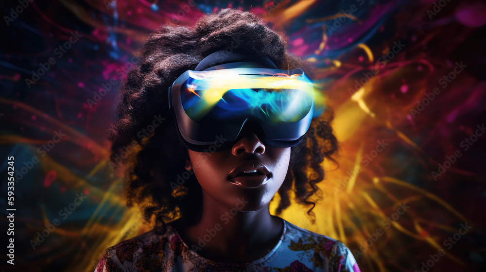 Woman wearing futuristic VR goggles with an explosion of colorful light by generative AI Woman wearing futuristic VR goggles with an explosion of colorful light by generative AI