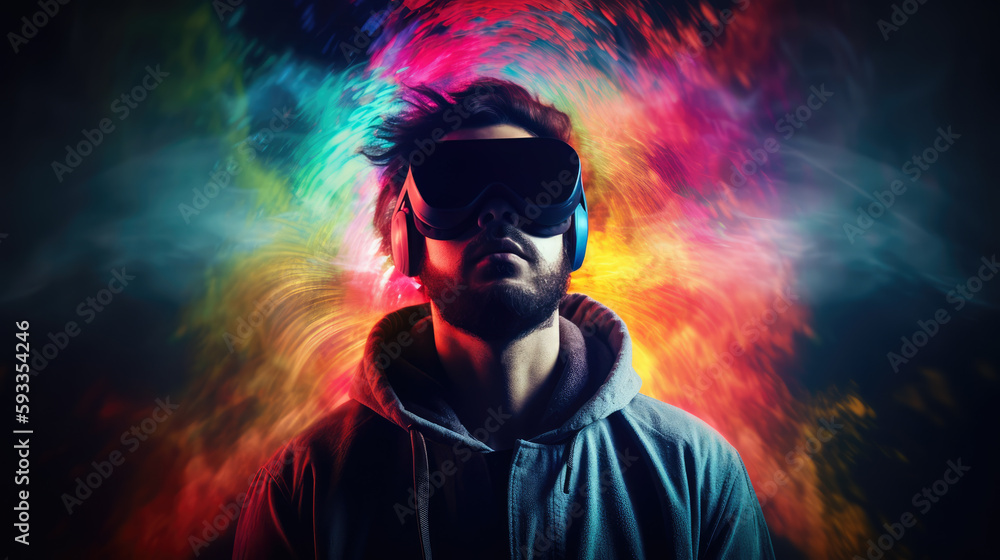 Man wearing VR goggles surrounded by glowing colorful shapes by generative AI Man wearing VR goggles surrounded by glowing colorful shapes by generative AI
