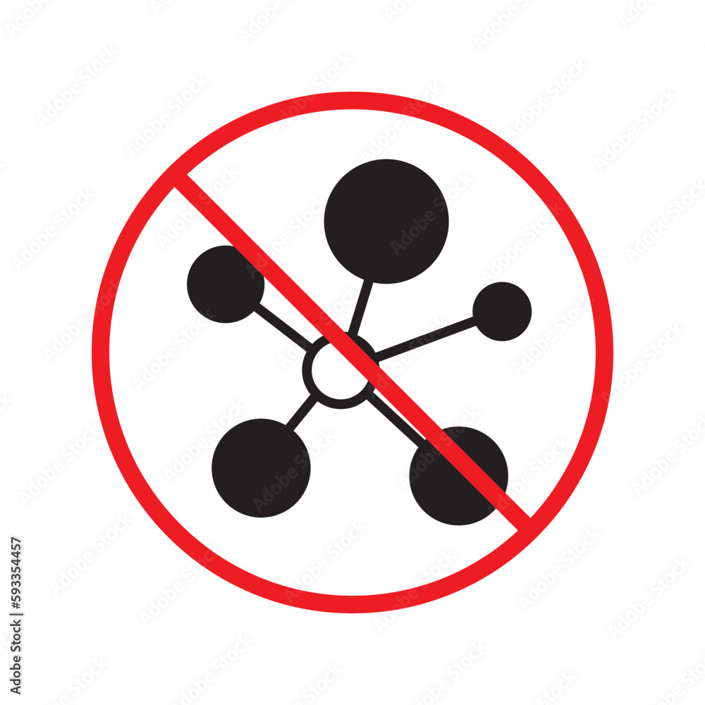 Forbidden chemical vector icon. No atom flat sign design. Prohibited molecule symbol pictogram. Warning, caution, attention, restriction label ban danger stop. Do not use chemical icon. Forbidden chemical vector icon. No atom flat sign design. Prohibited molecule symbol pictogram. Warning, caution, attention, restriction label ban danger stop. Do not use chemical icon.