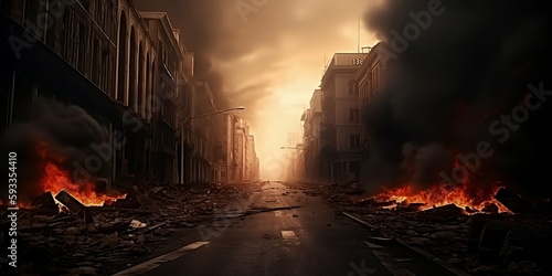 Burned out city street with no one on it, flames on the ground, and distant explosions of smoke. Apocalyptic perspective of the city center. generative AI. photo