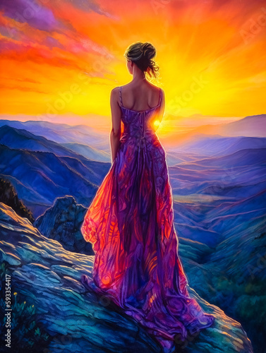 Beautiful young blond lady wearing a long dress standing on a mountain top looking into the valley sunset. Colorful watercolor pencil digital art painting illustration.