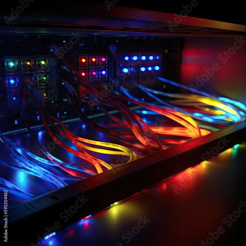 Abstract computer cable management. Desktop, server, cyberpunk concept. Colorful neon colors plastic wires connected to computer supply inside . Red, yellow, green, blue lights. AI generative art photo