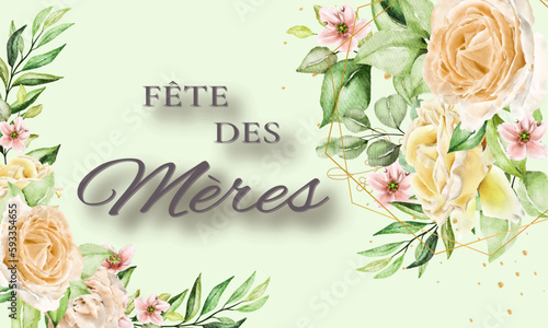 carte ou bandeau pour souhaiter une bonne fête des mères en gris sur un fond vert avec des fleurs de chaque côté de couleurs rose, jaune et saumon