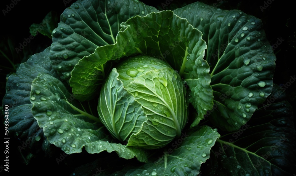 a close up of a green cabbage with drops of water on it. generative ai a close up of a green cabbage with drops of water on it. generative ai