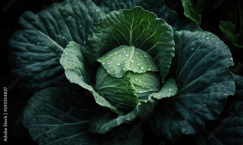Fototapeta premium a close up of a green leafy plant with drops of water on it. generative ai