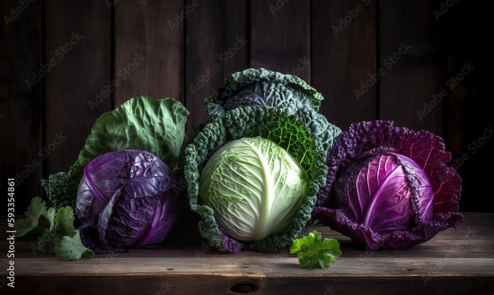 Obraz premium a group of cabbages sitting on top of a wooden table. generative ai