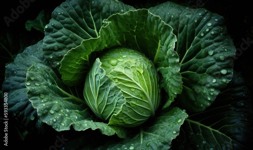  a close up of a green cabbage with drops of water on it.  generative ai