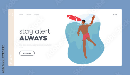 Swimming Alert Landing Page Template. Man Character Drowning In Water With Hands Flailing In Panic