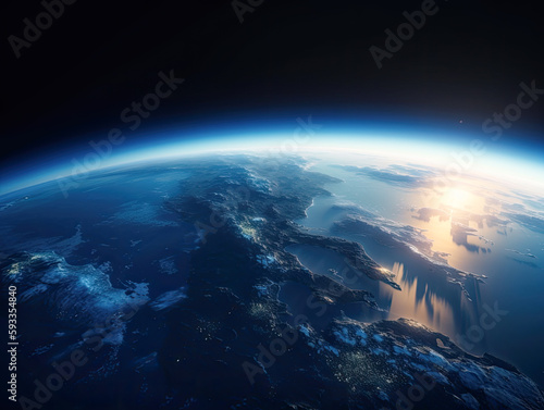 Earth Sunset of Europe and North Africa From Space - World Globe Atmosphere - The Blue Marble - 3D Generative AI photo