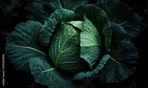  a close up of a green leafy vegetable on a black background. generative ai