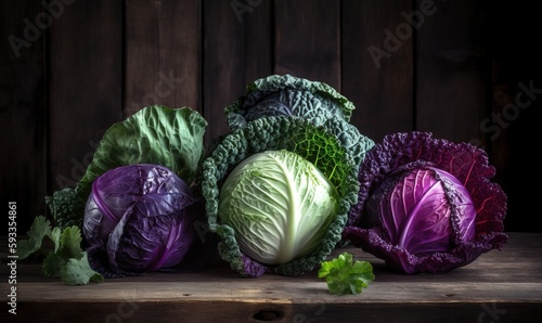  a group of cabbages sitting on top of a wooden table.  generative ai