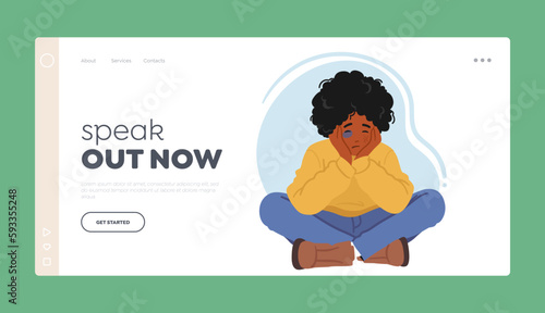 Child Suffer From Domestic Violence Landing Page Template. Young Boy with Bruises on Face Sitting on Floor