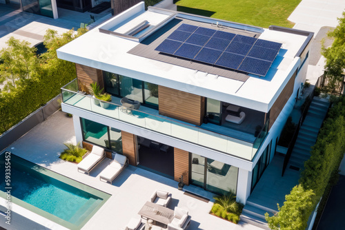 Top down view of the modern single family home's solar panels, sunny day. High quality generative ai © MVProductions