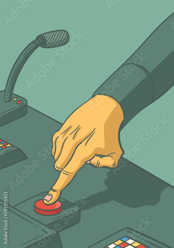 A soldier is pressing the red button on command of the commander.