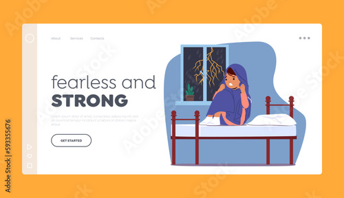 Fear of Bad Weather Landing Page Template. Child Character Sits In Bedroom under Blanket, Fearful During A Storm
