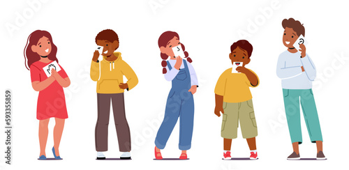 Cute Little Children Boys And Girls Character Show Five Senses Flash Cards Hearing, Sight, Smell, Taste And Touch