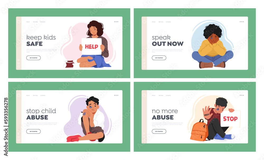 Kids Abuse Landing Page Set. Children Subjected To Domestic Violence ...