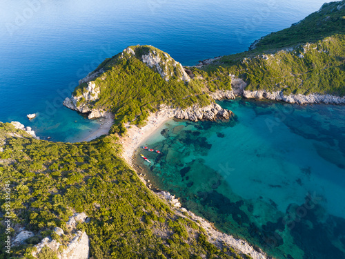 Aerial shot of Porto Timoni beach on Corfu Island, Greece. Beach and lagoon with turquoise water, nature of mediterranean Greek islands