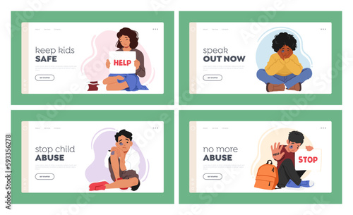 Kids Abuse Landing Page Set. Children Subjected To Domestic Violence Suffer From Emotional, And Psychological Trauma