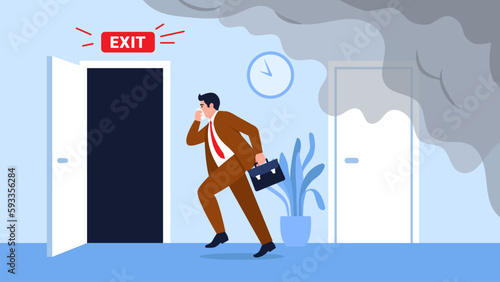 Vector illustration with a guy running away from smoke in a panic. Cartoon scene of an office worker covering his nose with a handkerchief and running to the exit from a smoky room.