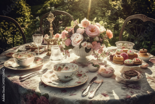 High Tea garden table setting with peonys in spring