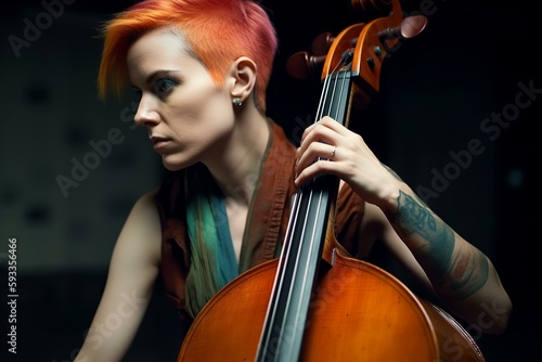 female musician plays cello with tattooed shoulder
