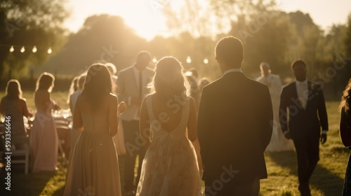 Wunderschöne Hochzeit draußen im Sonnenlicht, Empfang der Gäste