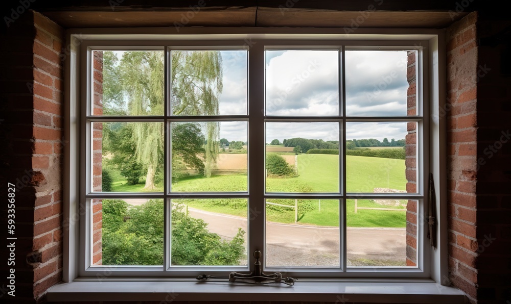 a window with a view of a grassy field and trees. generative ai a window with a view of a grassy field and trees. generative ai