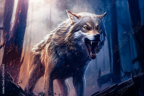 aggressive wolf in fantasy dark digitally drawn photo