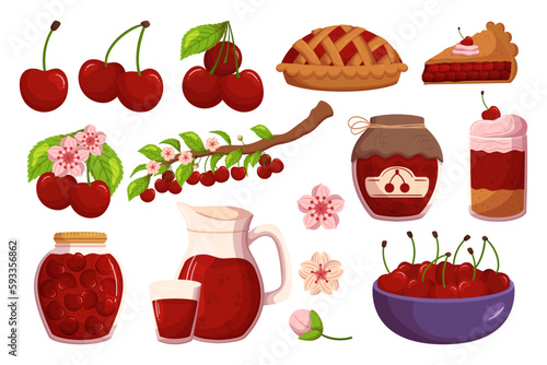 Set Of Delicious Cherry Berry Foods Such As Fresh Berries, Blossoms, Pies, Jams, And Tarts, Juice, Fresh Ingredients