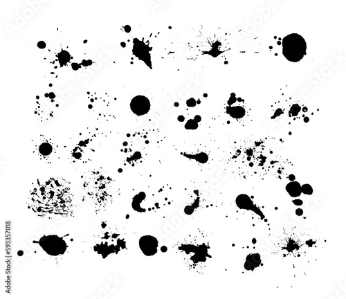 Ink splashes. Black inked splatter dirt stain splattered spray splash with drops blots isolated. Ink splashes stencil. High quality manually traced. Drops blots isolated. Vector illustration