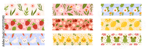 Set Of Decorative Tape Features Variety Of Vibrant Colors And Unique Patterns in Cute Childish Style. Adhesive Patches