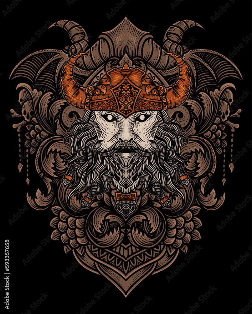 Illustration of angry viking head with vintage engraving ornament in back perfect for your business and Merchandise