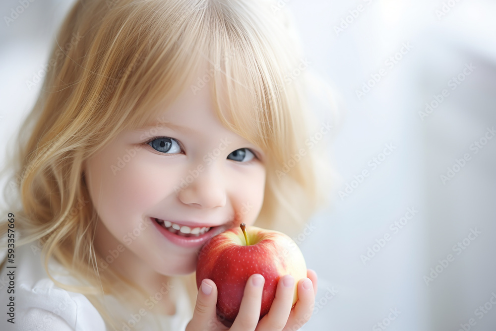 Little blond baby girl with an apple closeup, white background, copy space. Generative AI Little blond baby girl with an apple closeup, white background, copy space. Generative AI