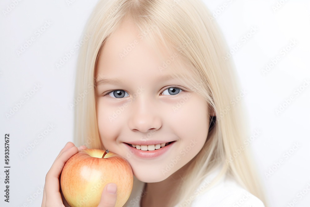 Pretty little long-haired blond girl with an apple closeup, white background. Generative AI Pretty little long-haired blond girl with an apple closeup, white background. Generative AI