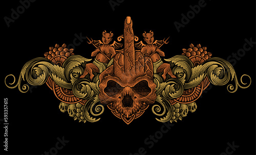 Illustration of Fuck finger skull with vintage engraving ornament in back perfect for your business and Merchandise