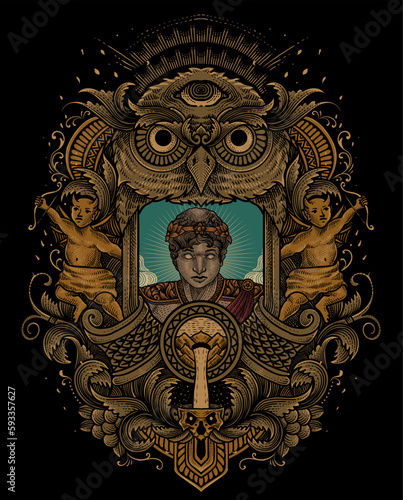 Illustration vector Helios God of sun "Greek mythology" with vintage engraving ornament frame perfect for your merchandise and T shirt