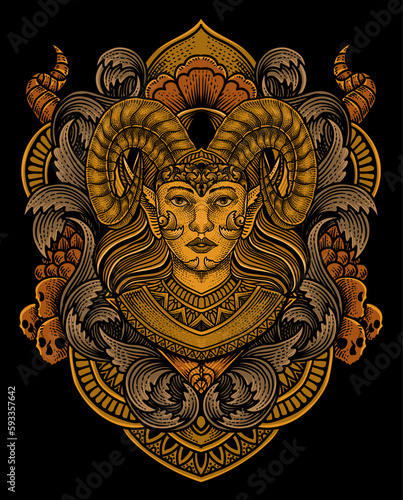 Vector illustration. beautiful demon girl with vintage engraving ornament style perfect for your business and T shirt merchandise