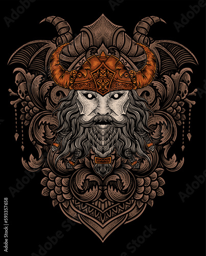 Illustration of angry viking head with vintage engraving ornament in back perfect for your business and Merchandise