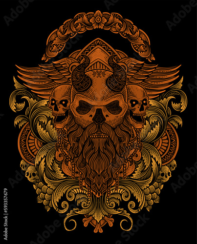 Illustration of viking skull head with vintage engraving ornament in back perfect for your business and Merchandise