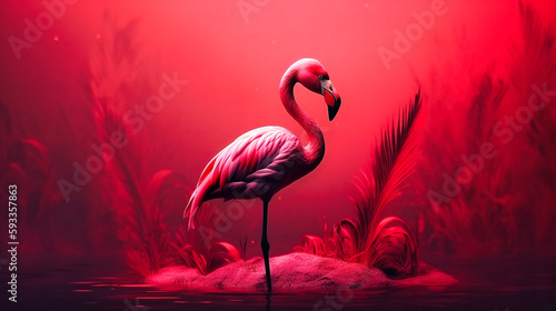 A beautiful flamingo stands behind a pink background