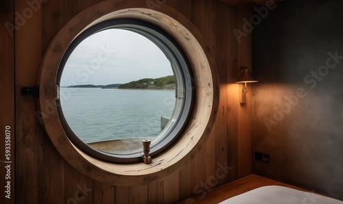  a round window with a view of a body of water.  generative ai © Anna