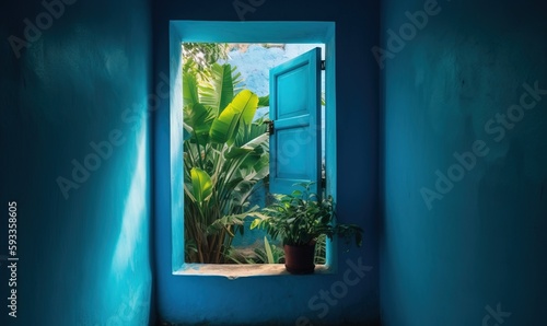  a blue room with a potted plant and a window.  generative ai