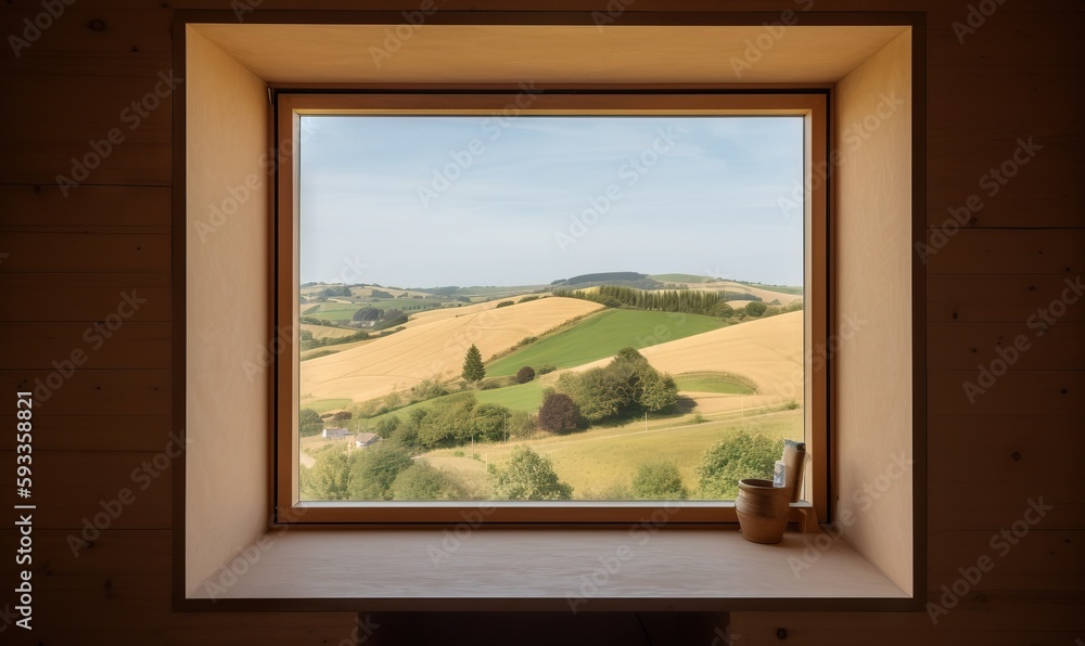Fototapeta premium a window with a view of the countryside outside of it. generative ai