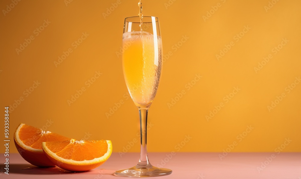  a glass of champagne being poured into a glass next to an orange slice.  generative ai