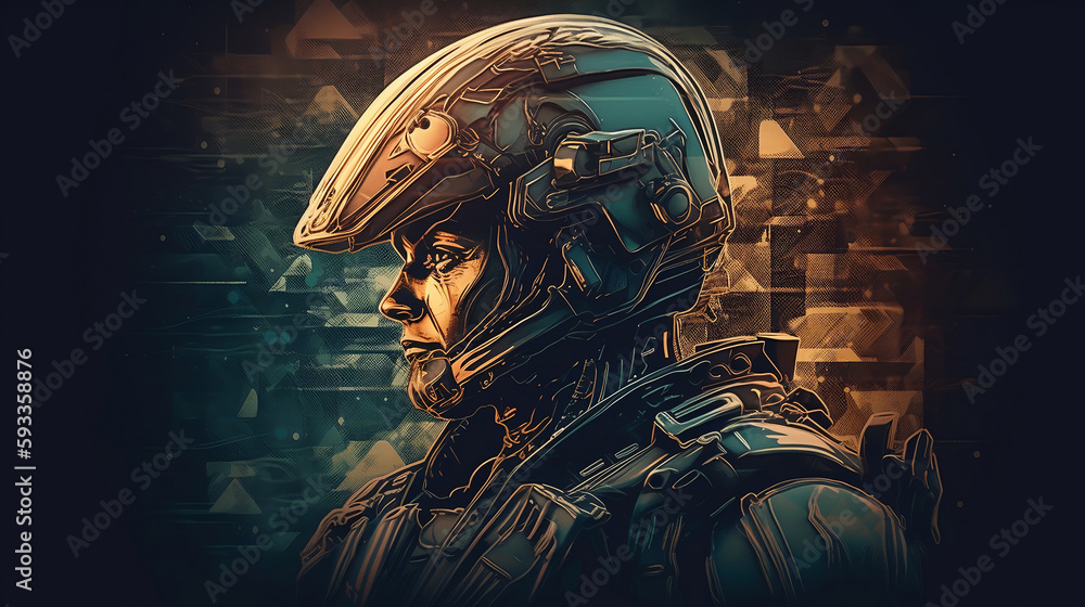 Spartan soldier illustration with helmet and battlefield in background, Generative Ai
