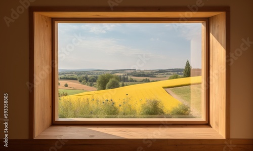  a window with a view of a field of yellow flowers.  generative ai