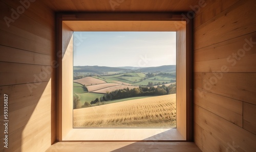  a window with a view of a field and hills in the distance. generative ai