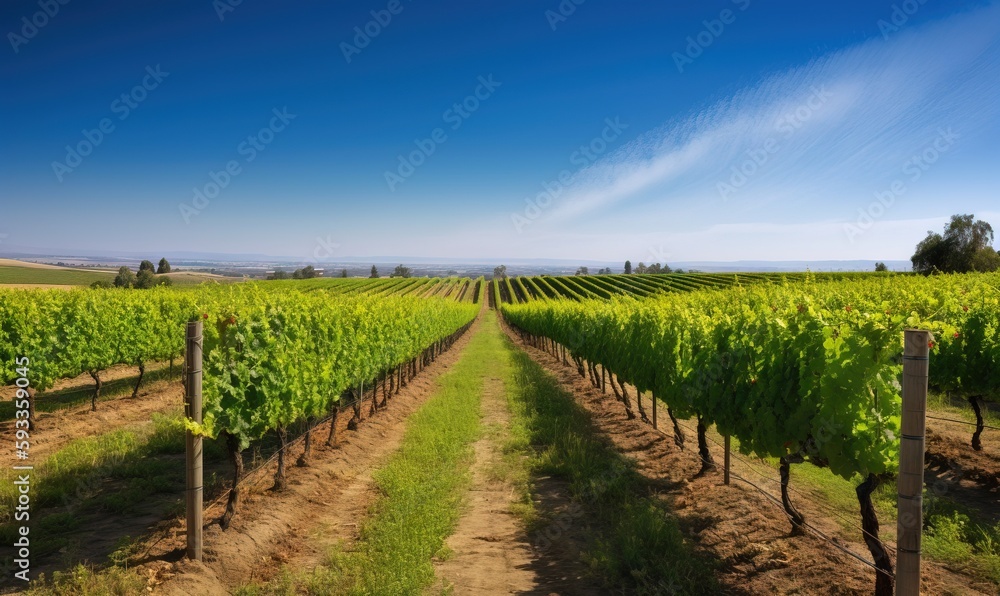  a row of green vines in a field with a blue sky in the background.  generative ai